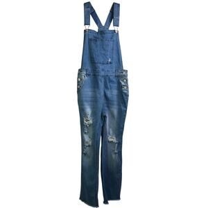 Womens Overall Size Medium Blue Distressed Denim Snap Shoulder‎ & Waist